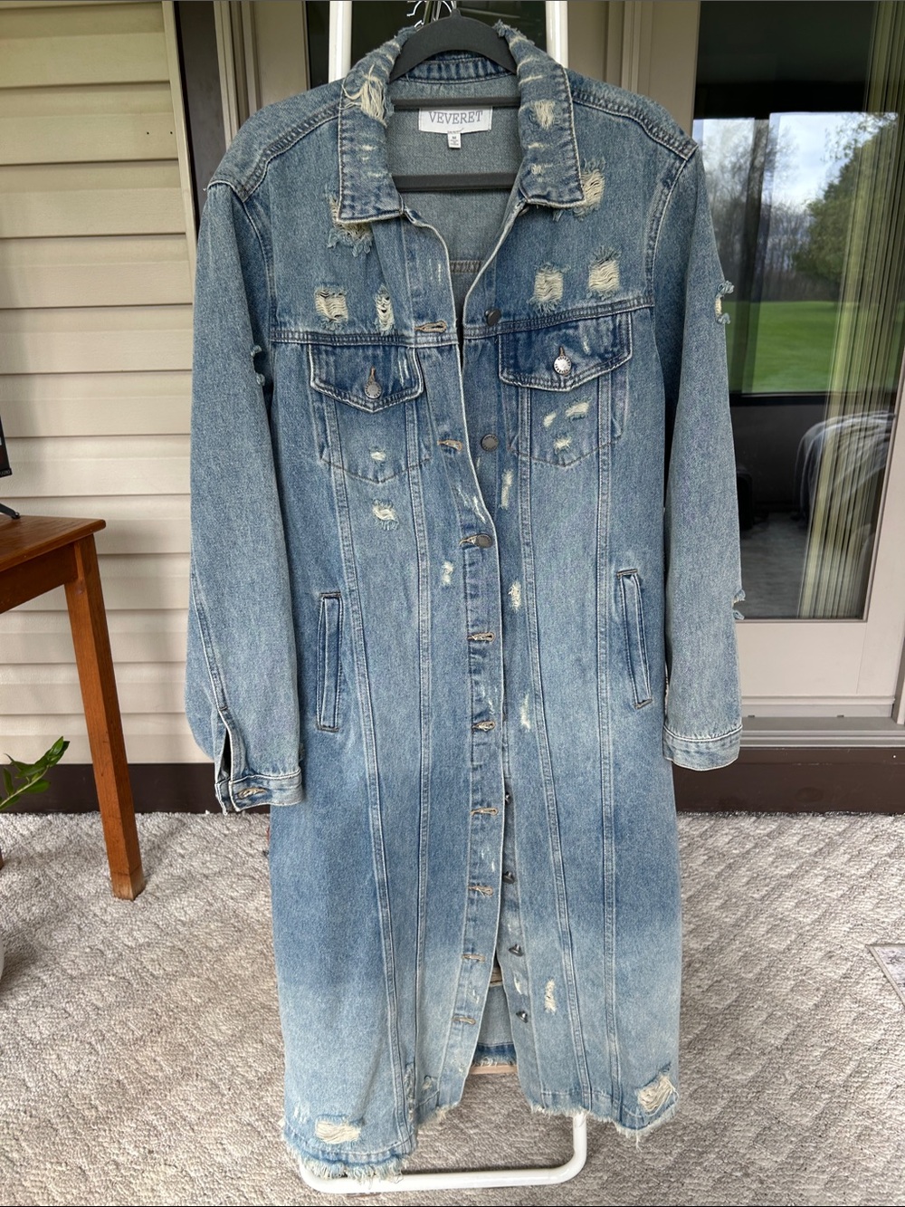 Distressed Long Denim Trench Coat